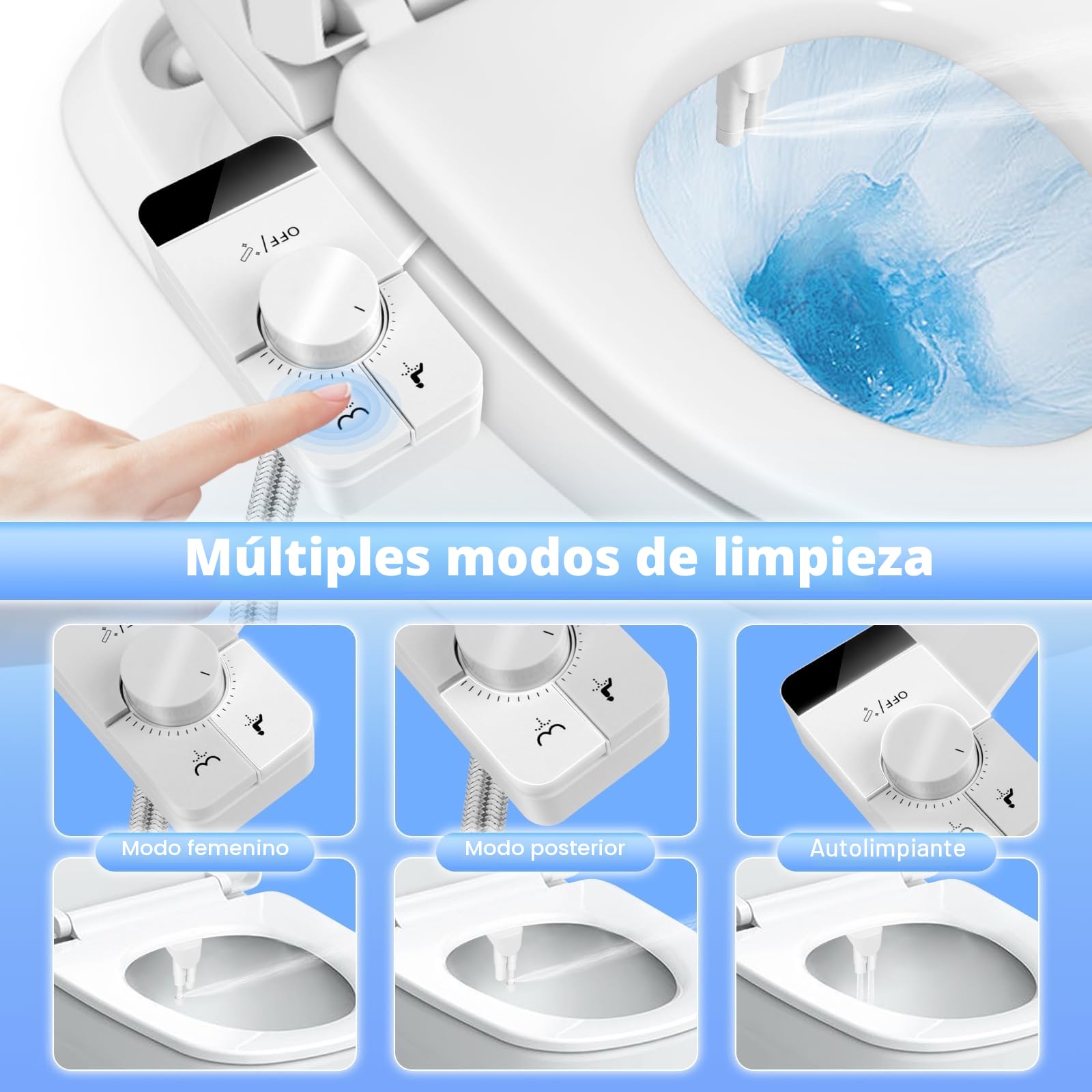 Bidet para WC con Doble Boquilla Retráctiles, No Eléctrico, Presión Ajustable Agua Fría