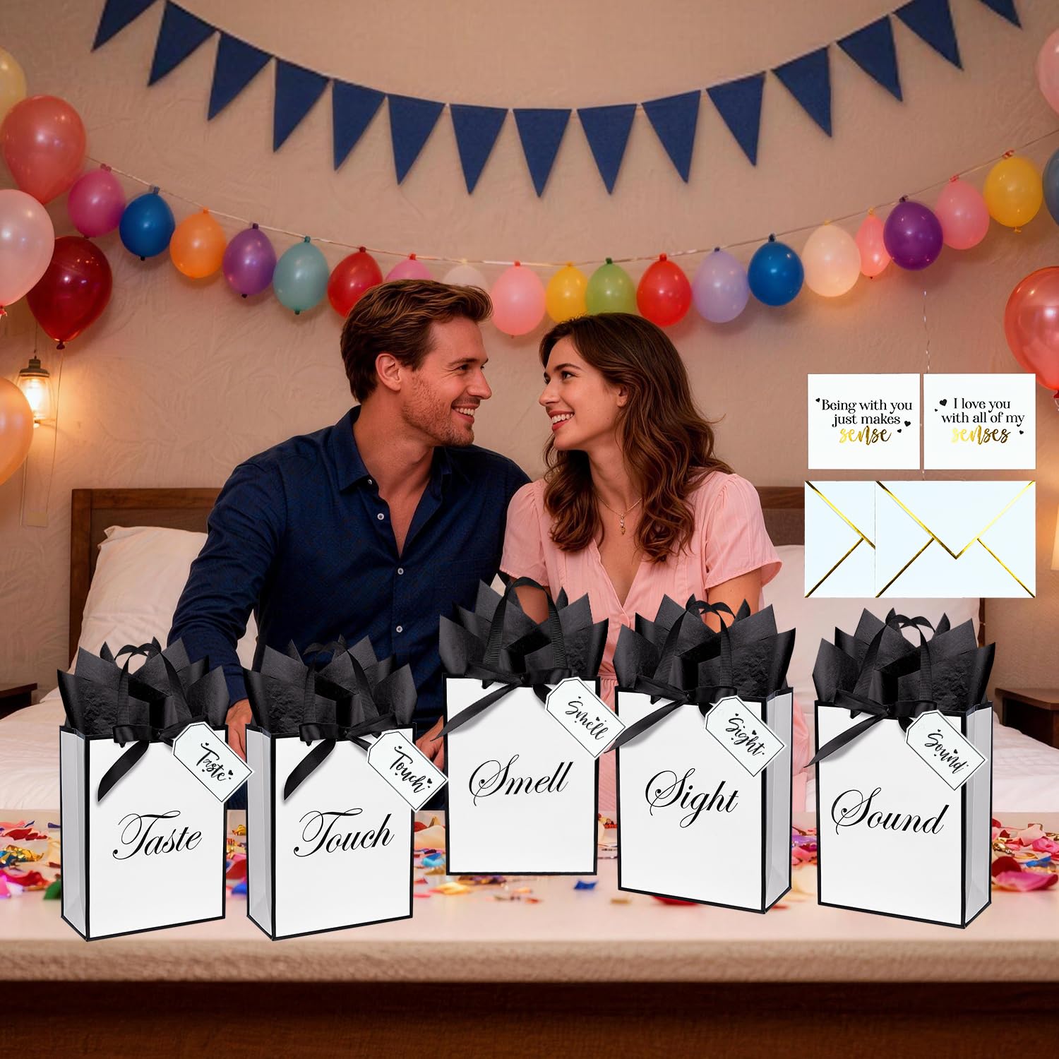Nimbbex 5 Senses Gift Bags for Him Her with Labels & Ribbon, Five Senses Gift Bags with Handle, Envelopes and Cards for Birthday, Anniversary, Mother's Day, Valentine's Day 9 x 7 x 3.2 Inches (White)