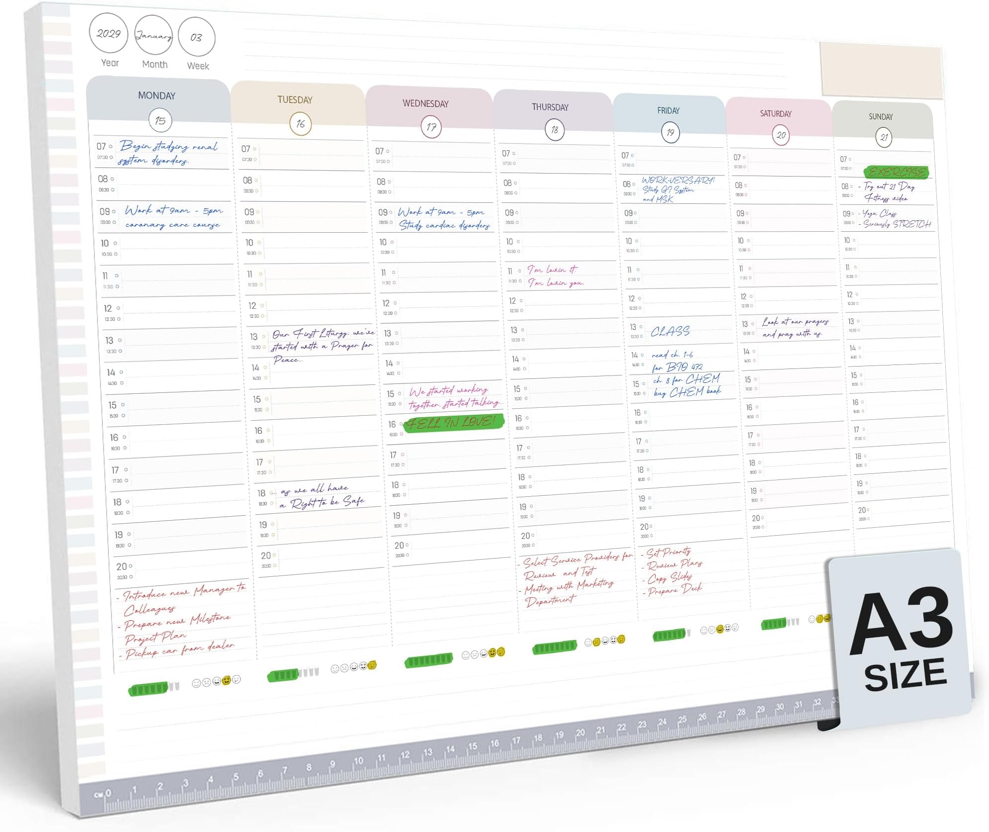 A3 Large Weekly Planner Pad – 7am to 8pm Timeslots for Precise Planning - To Do List Notepad Organiser – Day and Weekly Desk Planner for Productivity – 40 Thick Sheets, 30x40cm
