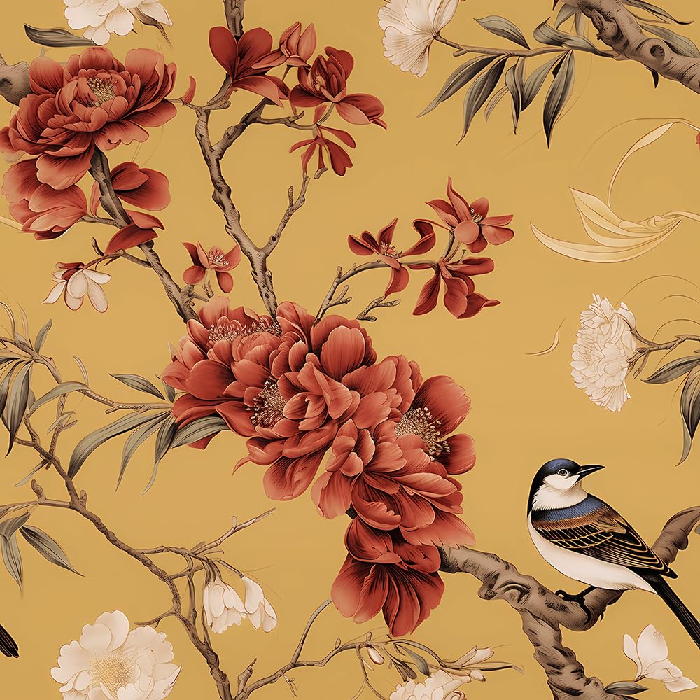 Redamancy Orange Vintage Boho Red Peony Floral Bird Peel And Stick Wallpaper Vintage Wall Paper Stick On Contact Paper Easy Peel Off For Nightstand Drawer Renter Friendly 17.7"X236"