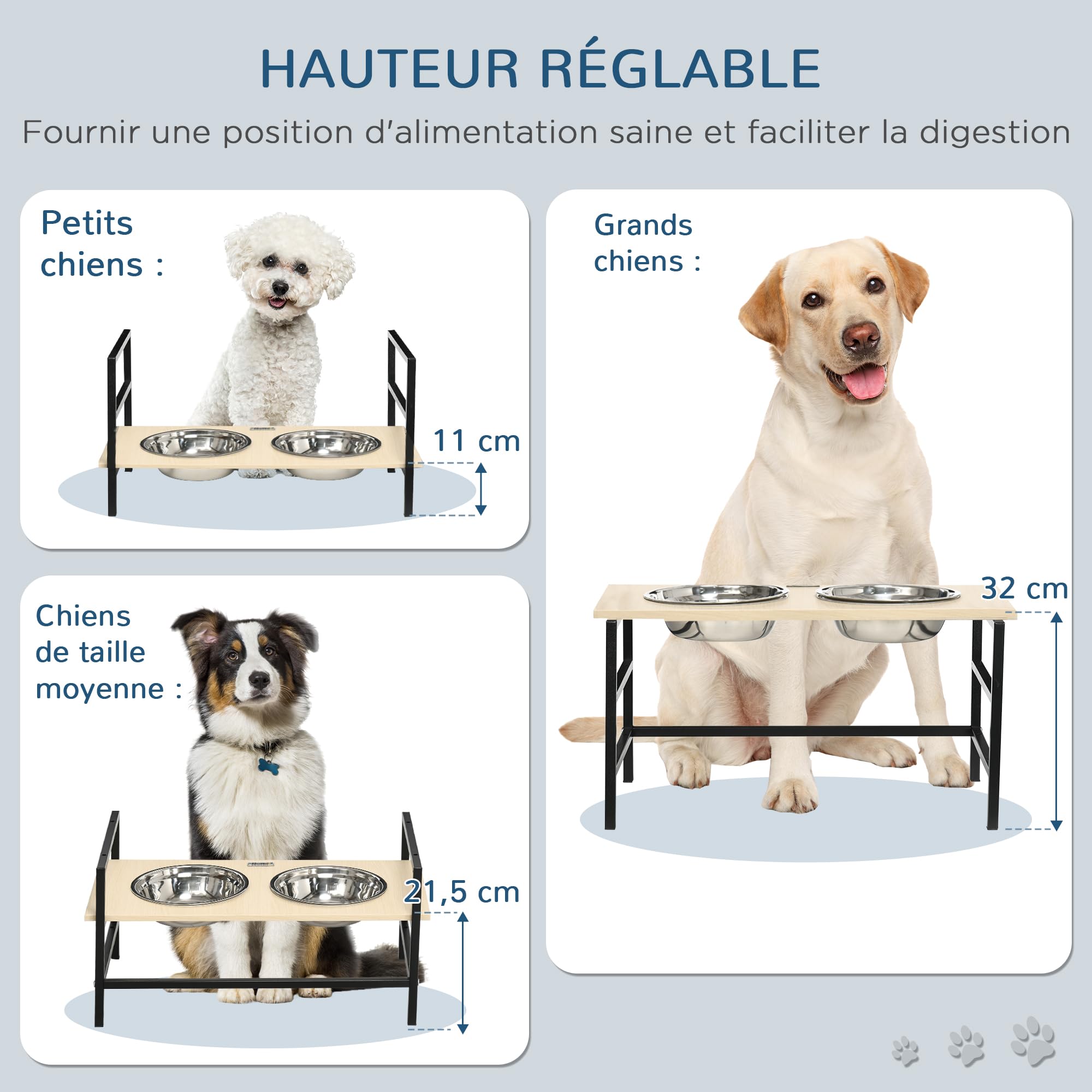 PawHut Gamelle Chien surélevée Double Porte-gamelle avec 2 Bols Amovibles en Acier, Hauteur réglable 11/21,5/32 cm et 1 Tapis | Hauteur Réglable 11/21,5/32 cm, 1 Tapis