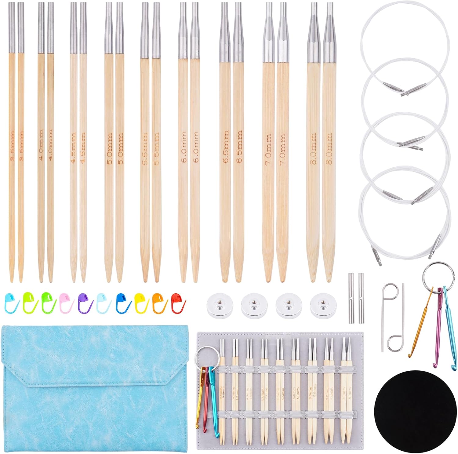 Mdoker Circular Knitting Needles Set with Case,9 Pairs Square Interchangeable Knitting Needles of Bamboo Cubic Circular Needle,Square Circular Needles(3.5mm-8mm)