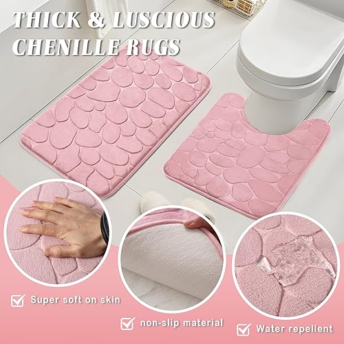 Miniatura 6 de Juego de baño con cortina de ducha y alfombras, 25 piezas de accesorios de baño rosados, juego de cortina de ducha, cepillo de inodoro, basura,