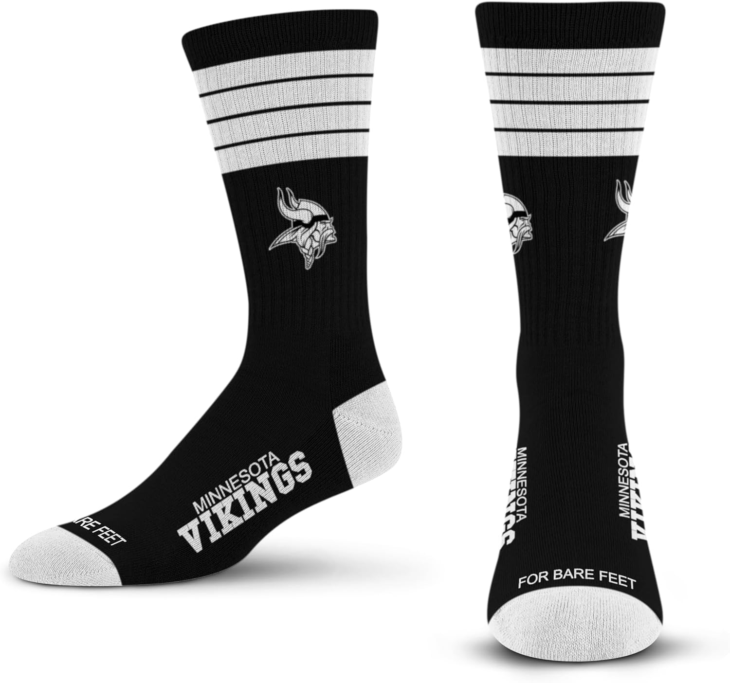 For Bare Feet NFL 4 Stripe Deuce Crew Sock Black and White Large