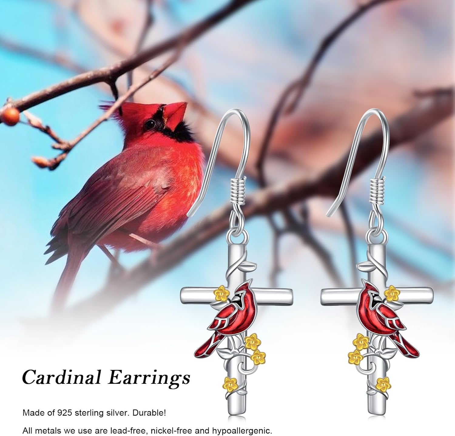 Cardinal/Hummingbird/Parrot Earrings for Women 925 Sterling Silver Bird Dangle Drop Leverback Earrings Hypoallergenic Cardinal Jewelry Christmas Birthday Gifts - Image 7