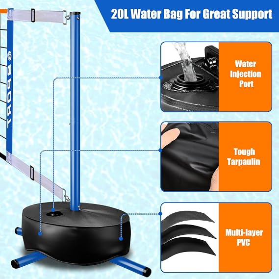 Pool Volleyball Net - Portable Indoor/Outdoor Swimming Pool Volleyball Net System with 2 Water Volleyballs and Heavy Duty Base.Adjustable Length 15-25FT for Pickleball and Tennis Net