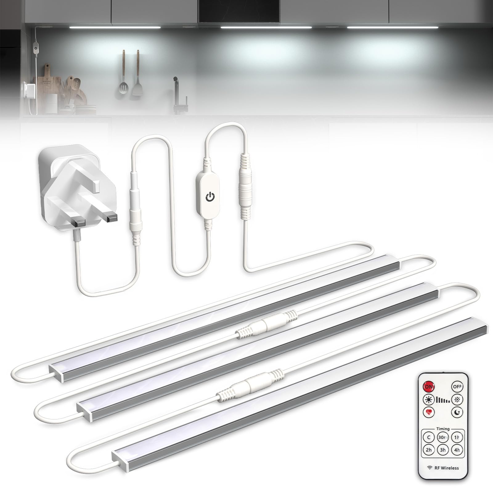 Bonlux Under Cabinet Kitchen Light with Remote, Dimmable Under Cabinet LED Strip Light Cool White 6000K, Linkable LED Under Counter Lights for Plug in Under Kitchen Cupboard Cabinet Lighting(3x12IN)