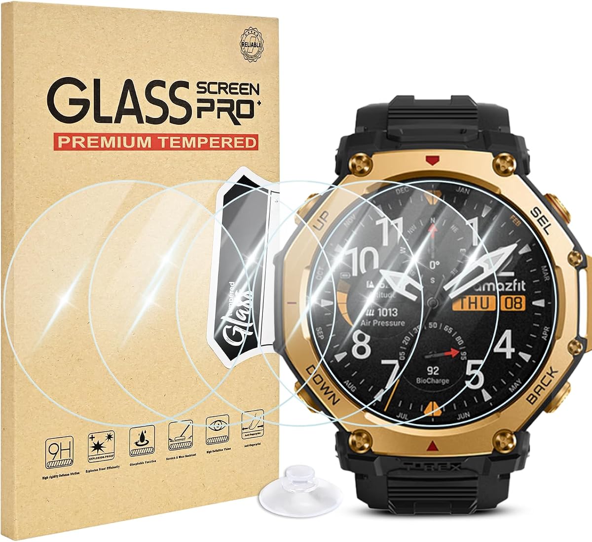 Paquete de 5 protectores de pantalla para reloj inteligente Amazfit T-Rex 3/3 Pro antiarañazos | Riwoauoo-Película protectora de vidrio templado 9H, alta sensibilidad táctil, HD, transparente, ultrafina, sin burbujas, antihuellas, ultrafina