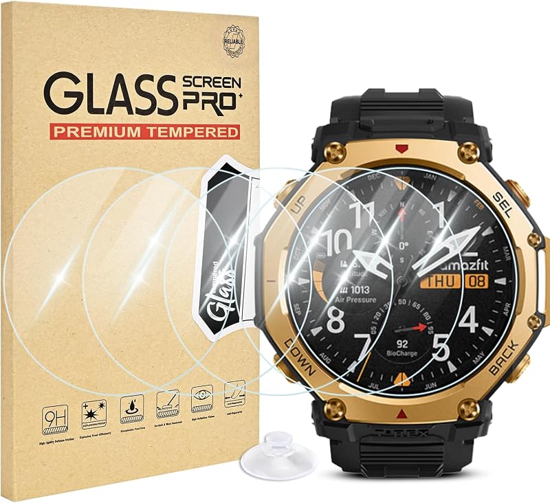 Paquete de 5 protectores de pantalla para reloj inteligente Amazfit T-Rex 3/3 Pro antiarañazos | Riwoauoo-Película protectora de vidrio templado 9H, alta sensibilidad táctil, HD, transparente, ultrafina, sin burbujas, antihuellas, ultrafina