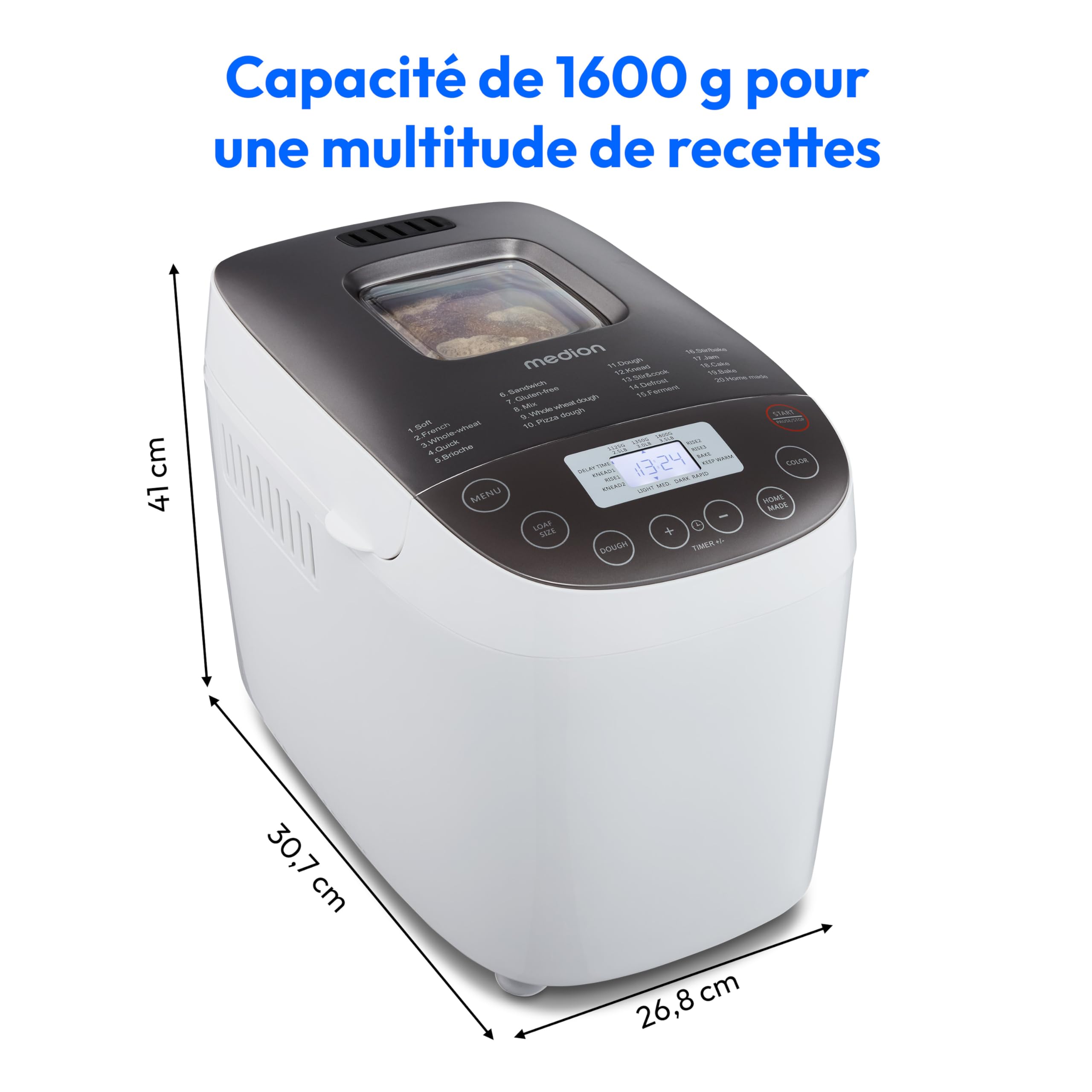 MEDION Machine à pain (machine à pain, 950 watts, jusqu'à 1600 g, 20 programmes de cuisson, 3 degrés de brunissage, fonction maintien au chaud, fenêtre, présélection du temps, MD 12040)