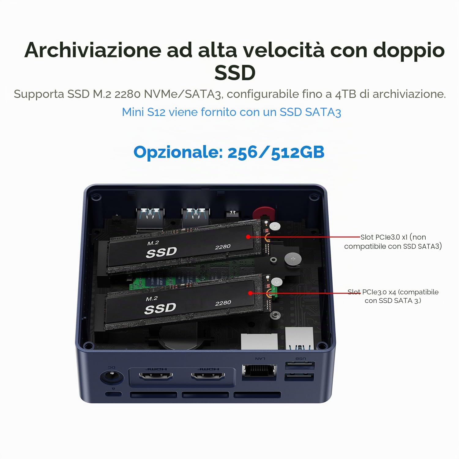 Beelink Mini PC 12th Alder Lake N95 processore (Turbo 3,4 GHz), mini computer 8GB RAM DDR4 3200 MHz SSD 256 GB, compatibile due schermi 4K indipendenti, Wi-Fi 5/BT 4.2/ Ethernet 2.5G