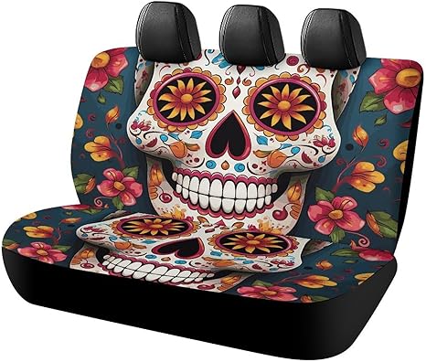 Colorful Sugar Skull Car Seat Cover, Car Non-Slip Protector for Back Seat, Durable Scratch Proof Universal Size Auto Seats Cover Fits Cars, Trucks and SUVs
