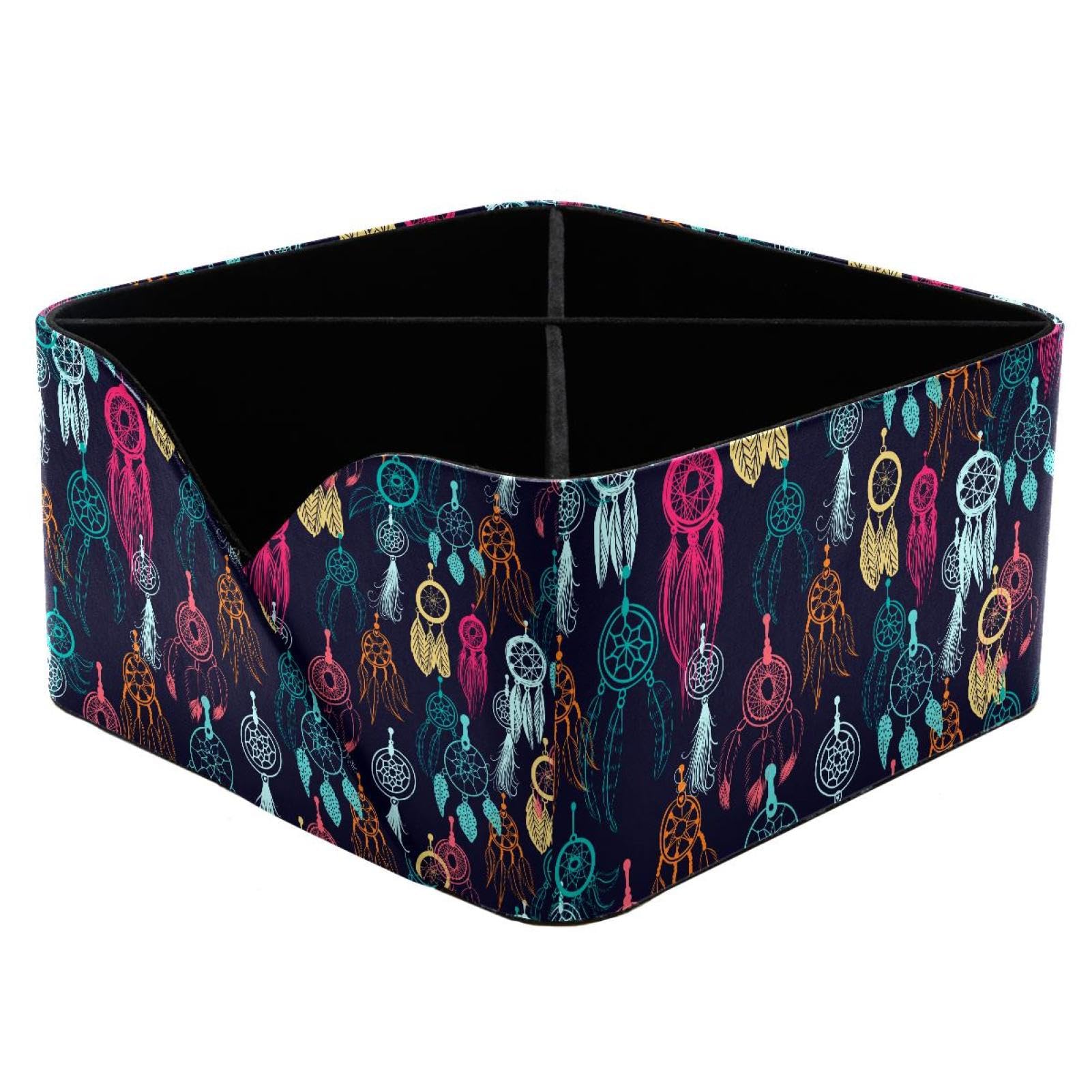 KengjuTesu Retro Ethnic Tribal Indian Dreamcatchers and Feathers Pattern Desktop Organizer Pen Holder, Rectangular Pencil Cup for Office, Study and Makeup Stations