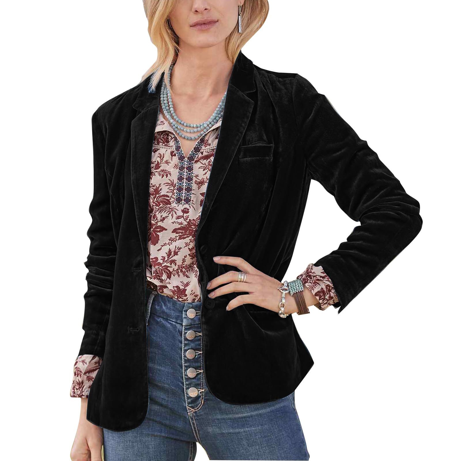 MINTLIMIT Women Casual Velvet Blazer Long Sleeve V Neck Button Front Velvet Blazer Jackets with Pockets 2XL Black