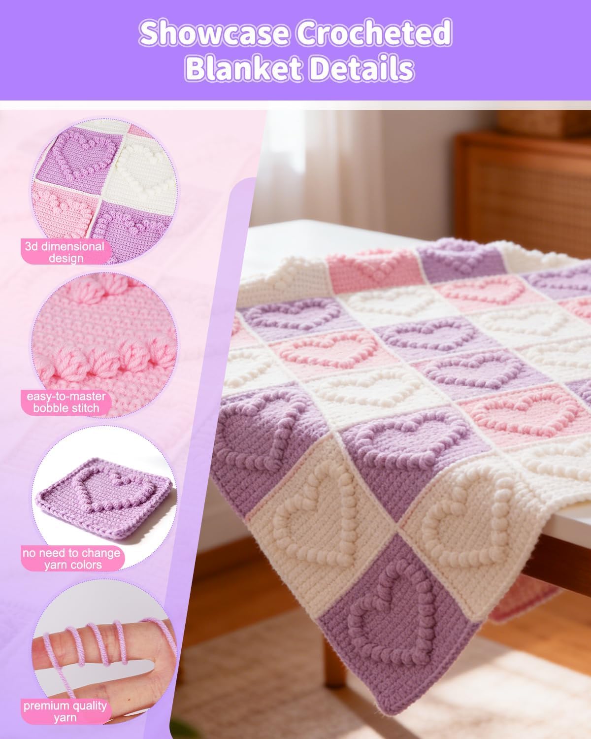 Coopay Häkeldecke Kit, Decke Häkelsets für Anfänger Erwachsene, Komplettes Starter-Häkelset mit Schritt-für-Schritt-Video & genug Garn, einfach zu häkeln 3D Love Granny Square Decke, Rosa-Lila