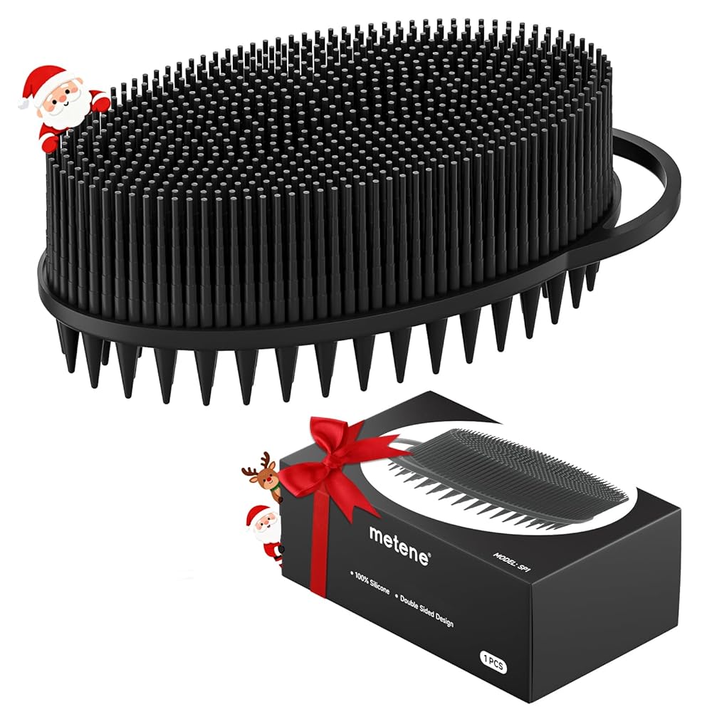 Metene Silicone Exfoliating Body Scrubber with Loop, Body Scrubber for Men and Women, Double-Sided, Soft for Shower and Bath Skincare Routine(Dark Black