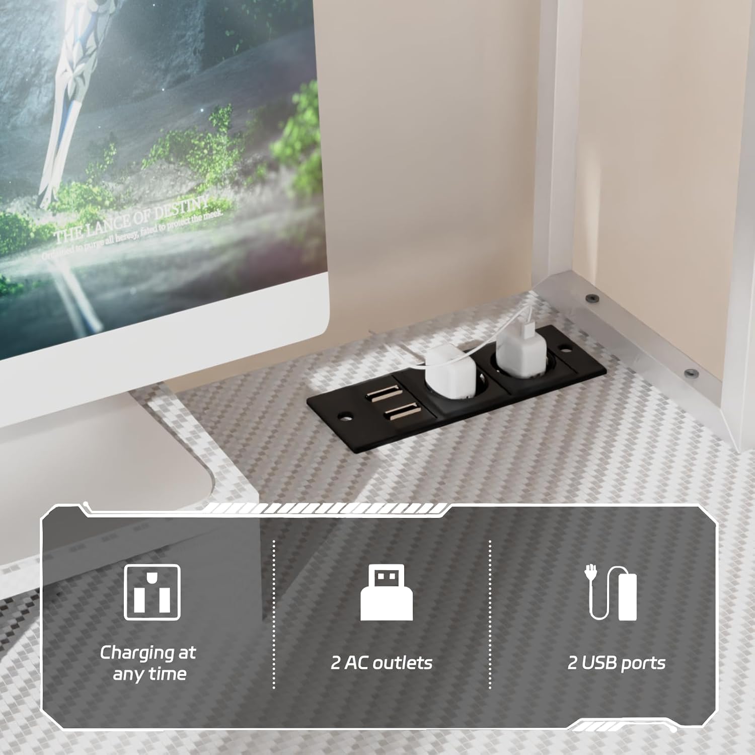 Close-up of the integrated power outlets and USB ports on the desk.