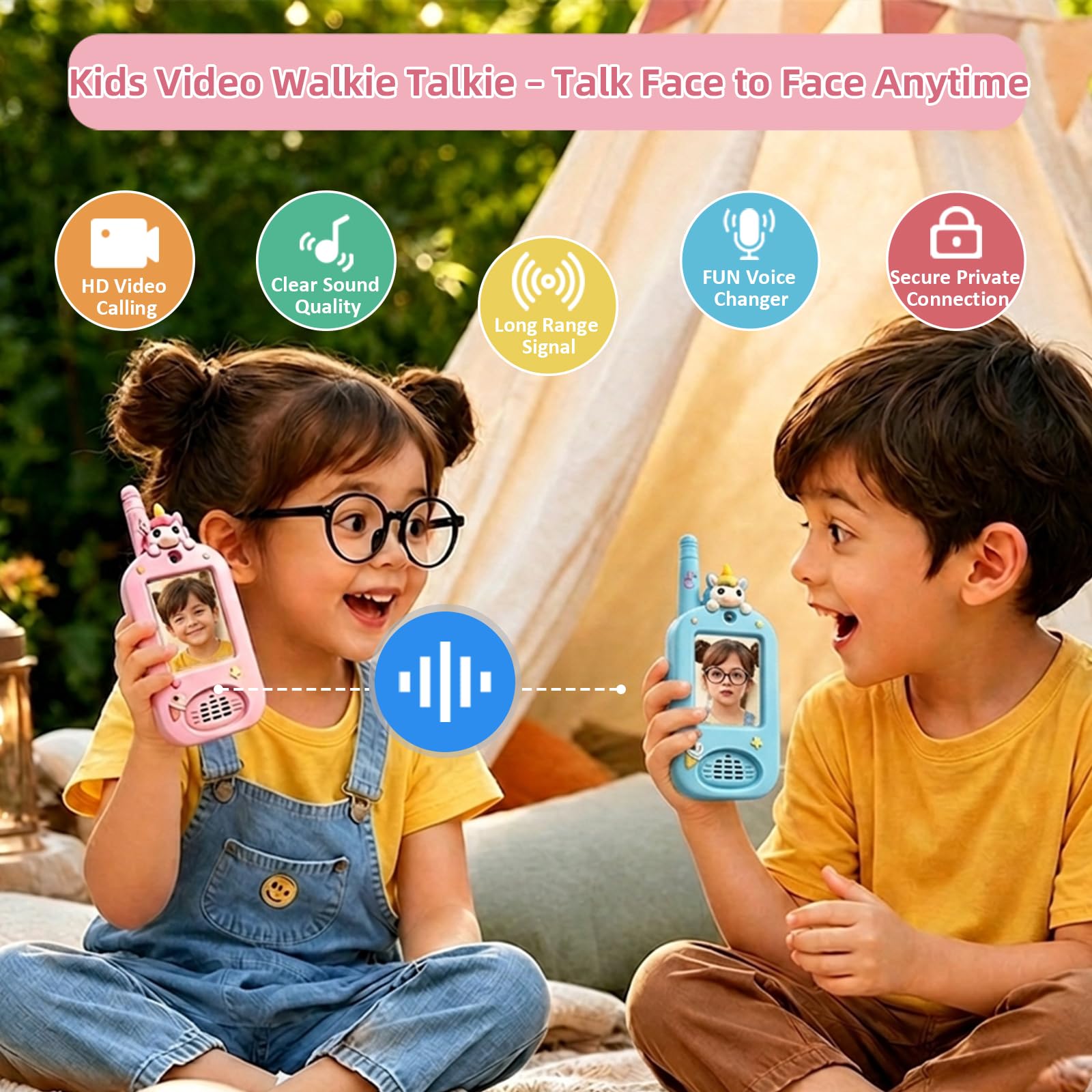 Kinder Video-Walkie-Talkies, 2er-Set, wiederaufladbar mit HD-Kamera & Display, Fotospeicher, Zwei-Wege-Video- & Sprachfunktion mit Stimmenverzerrer, für drinnen & draußen, 3–12 Jahre (Pink & Blau)