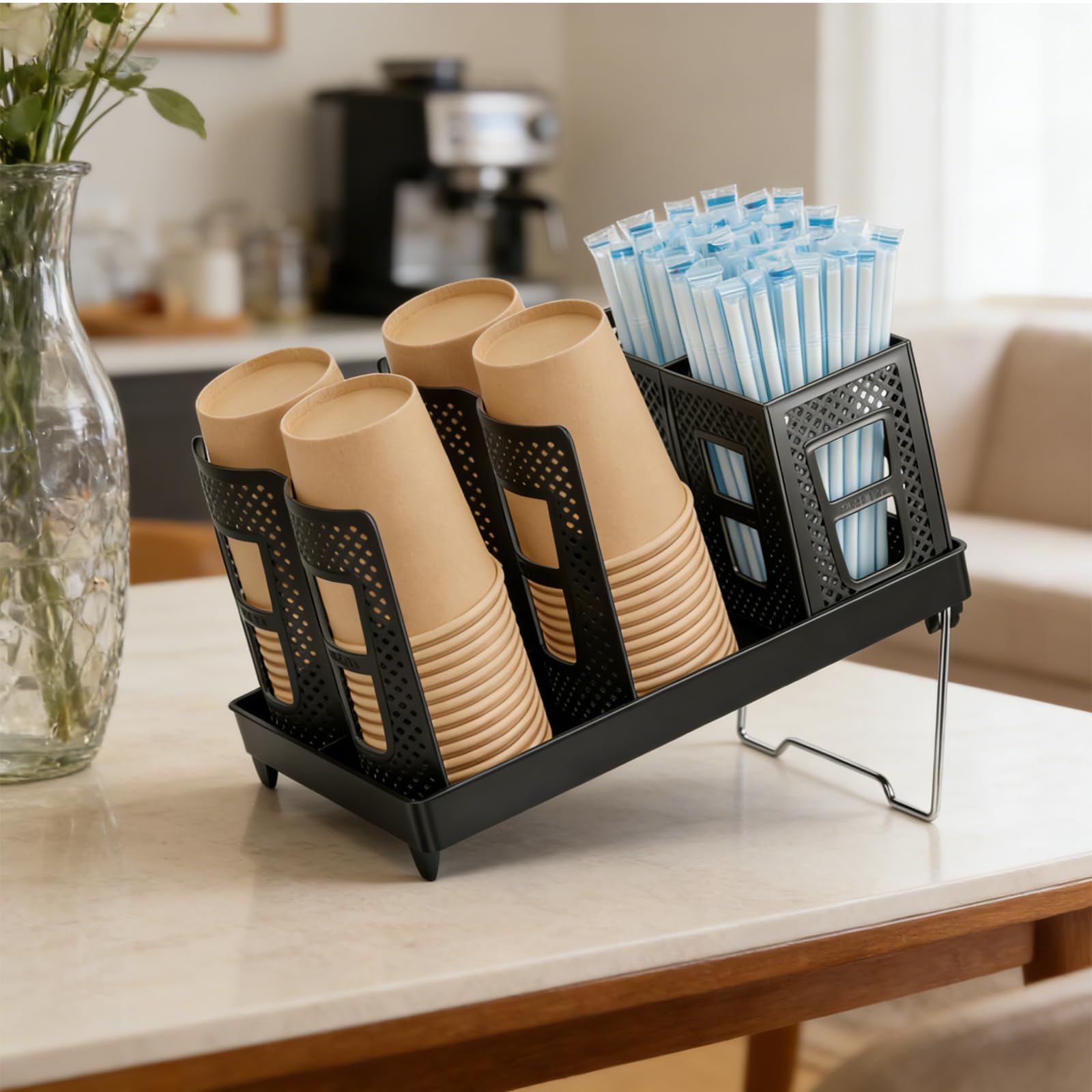 Tassen- und Deckelhalter, Kaffeebecherhalter mit Strohhalm-Aufbewahrungsbox, 6 Fächer Einweg Tassenspender, Einweg Kaffeetassen Organizer für Kaffeestation, Bar, Zuhause, Büro