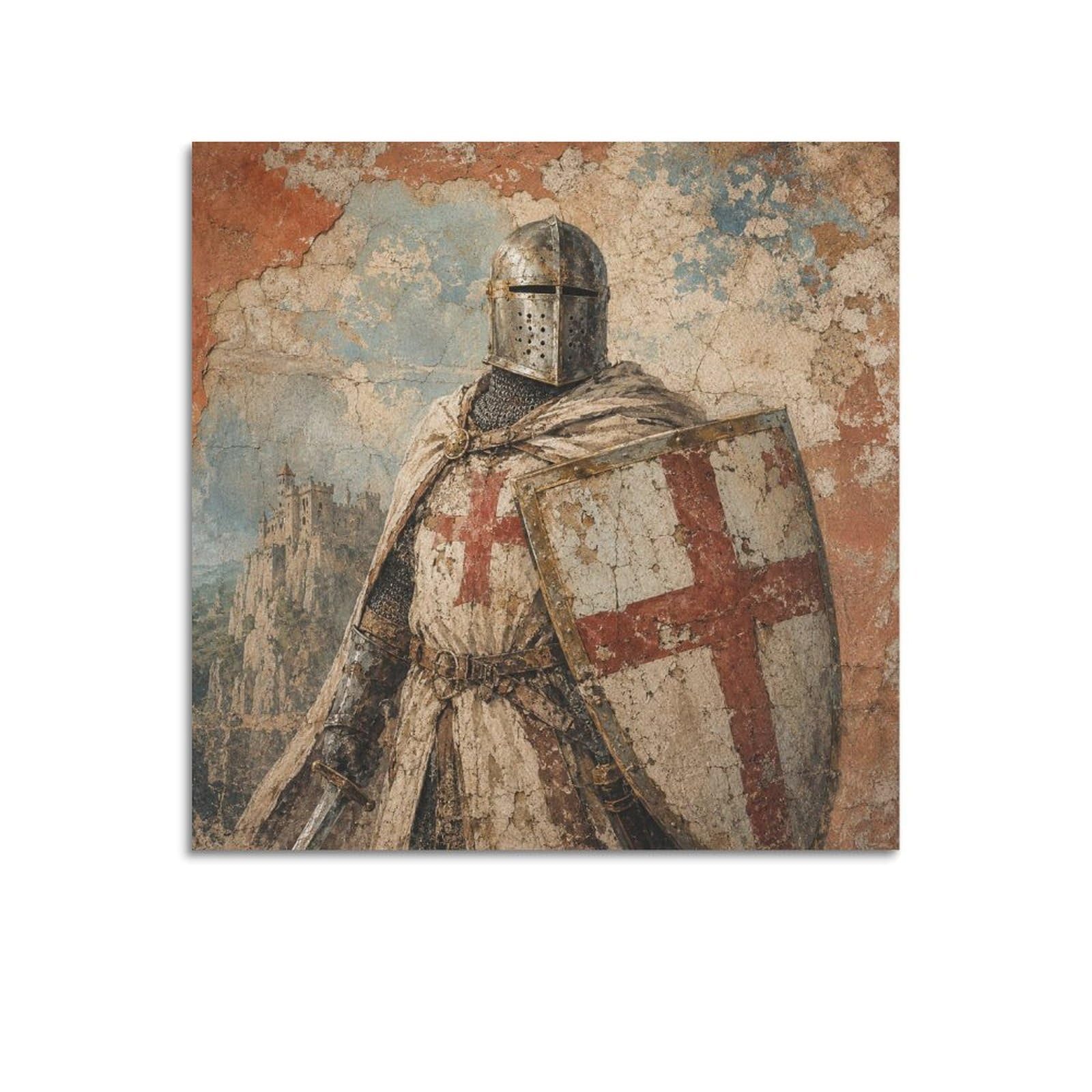 XKUGA Fresco Vintage Poster Templar Knight Red Cross Medieval Armor Modern Decorative Canvas Prints - Ideal Wall Art for Family, Man Cave, Game Room, Boys & Girls Bedroom 20x20inch(50x50cm)