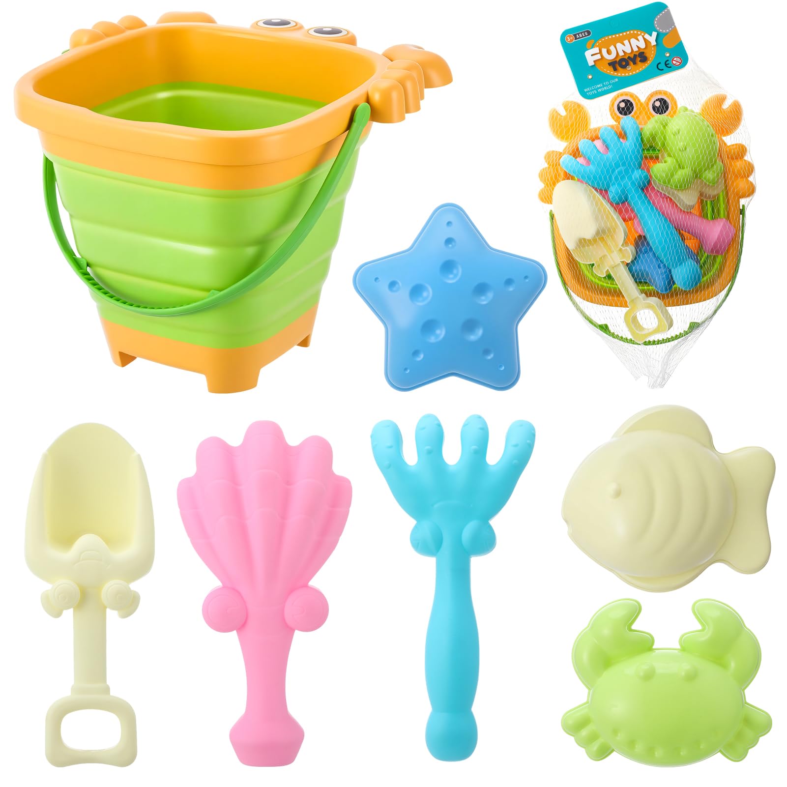 7 Pcs Collapsible Bucket and Spade Beach Kids Beach Toys Sand Bucket Castle Set Tools With Animals Molds and Sand Shovels Mesh Bag For Kids 3-10Years