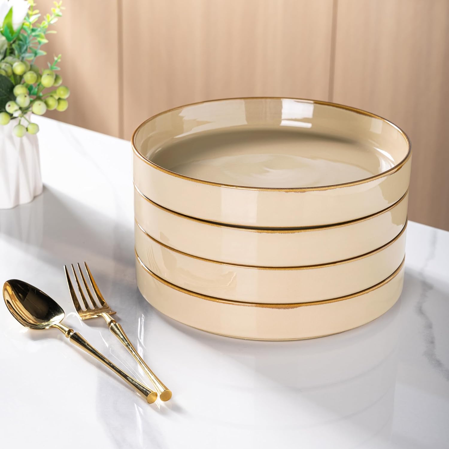 GBhome 9'' Large Ceramic Pasta Bowls, 32oz Stoneware Pasta Serving Bowls Set of 4 for Kitchen, Wide Bowls for Fruit,Pasta,Salad,Oatmeal,Meal, Microwave Safe, Reactive Glaze-Warm Sand