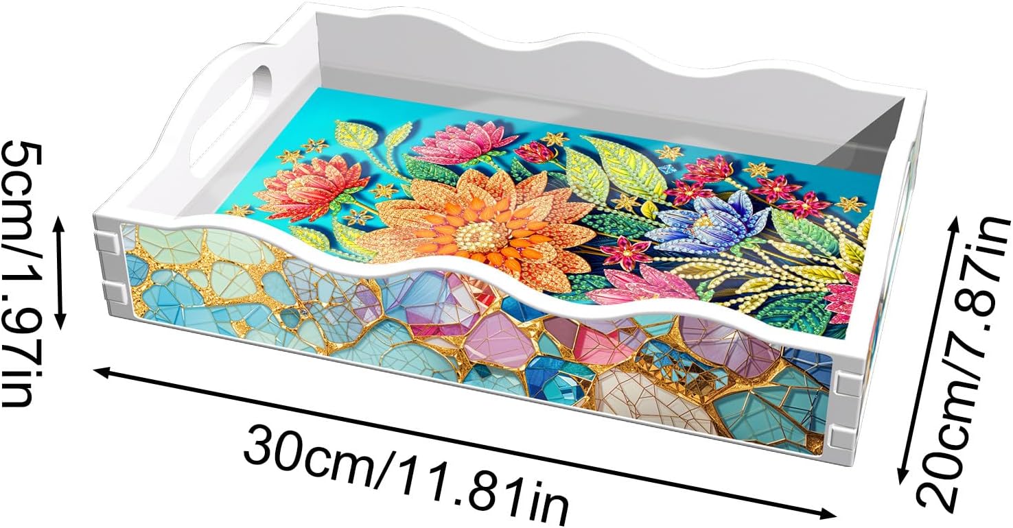 ARTopet DIY Diamond Serving Tray Diamond Art Painting Creative Design Handmade ABS Colored Glass Crack Tray Dinner Plate Breakfast Tray for Coffee Living Room Home Organizer-Flowers02