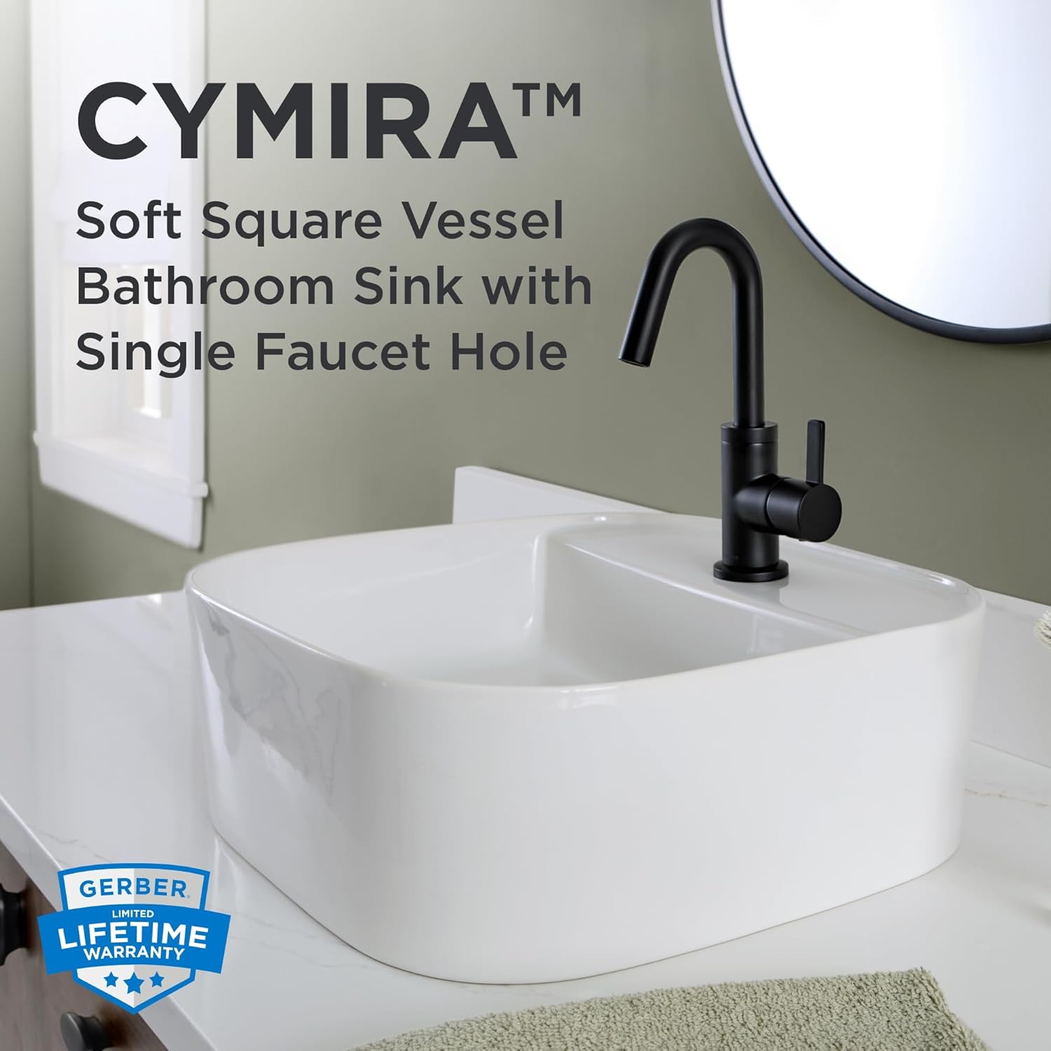 Gerber Cymira 16 in. Soft Square Vessel Bathroom Sink, Above-Counter Glazed White Fireclay Ceramic Vanity Sink with Faucet Hole, Modern Transitional Basin Sink Bowl, G0013783