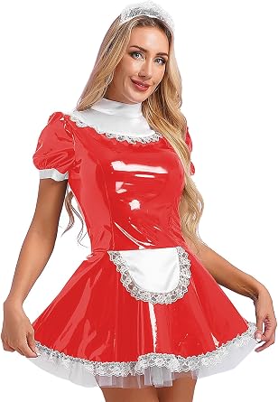 Womens Adult Latex Maid Outfit Halloween French Maid Costume Cosplay Apron Tutu Dress