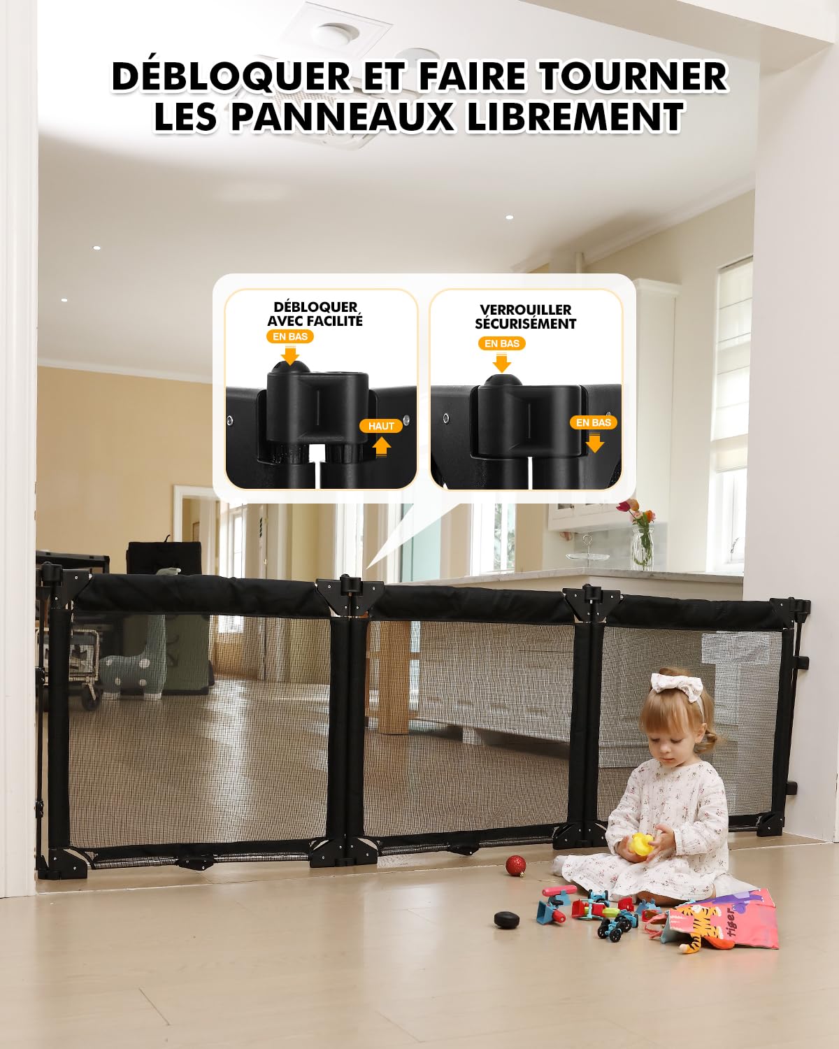 Derimkcoa Barrière de Sécurité Enfants pour Cheminée avec Porte 210 cm, 3 Pièces Barrière Escalier Pliable Bébé, Protection Enfants et Animaux, Grille de Sécurité pour Poêle