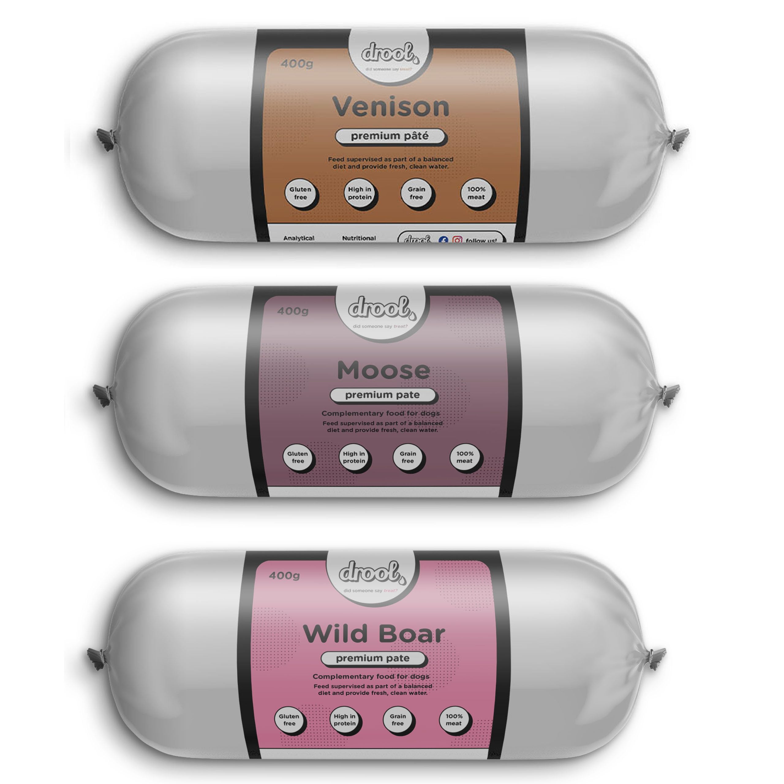 Drool Pet Products | Premium Venison, Moose & Wild Boar Dog Pate Tube Roll | Grain-Free High Protein Dog Food | Triple Pack 3 x 400g