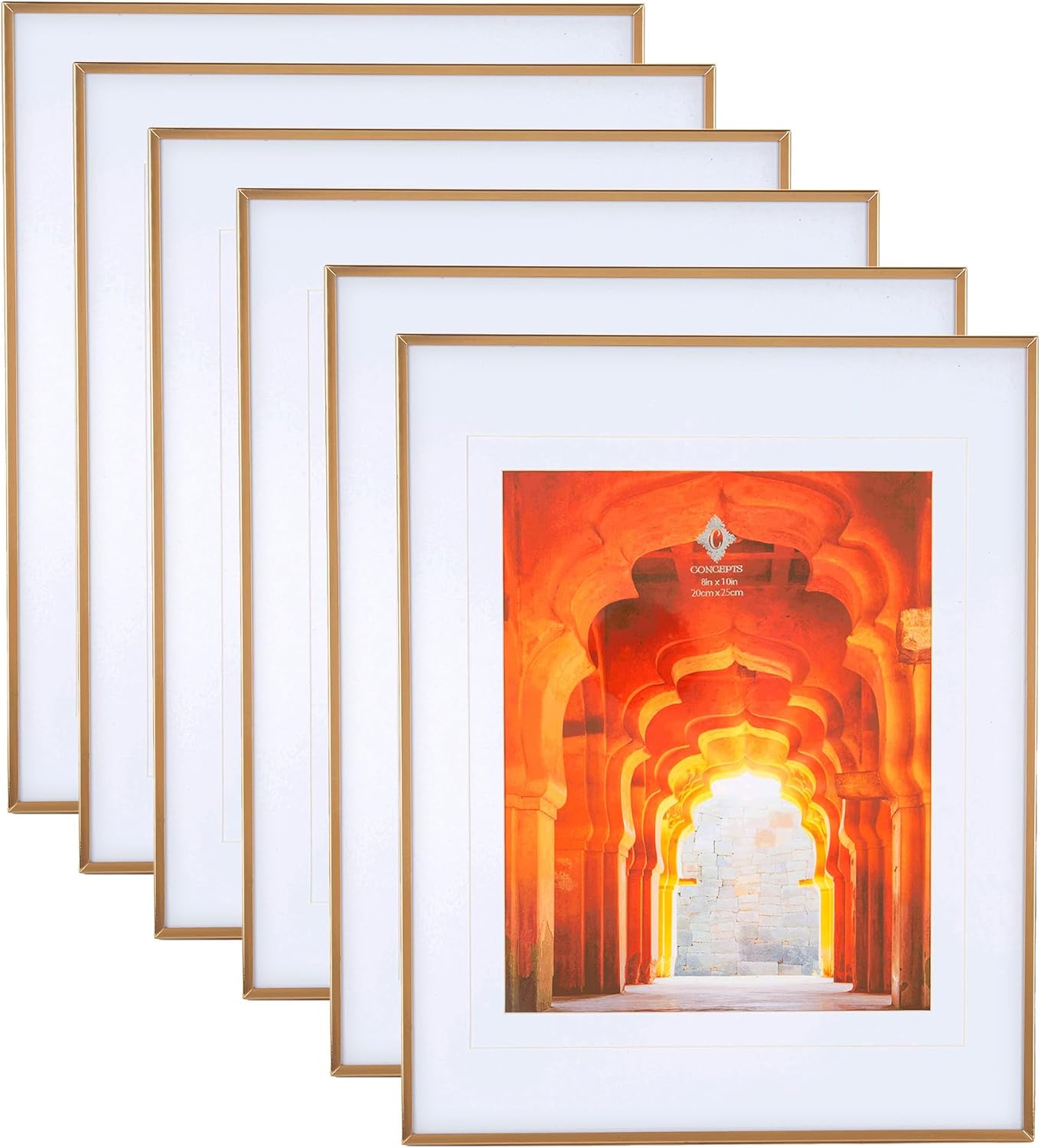 Concepts Set Of 6-11x14 Double Matted to 8x10 Classic Gold Metal Picture Frame With HD Clear Glass, Extra Durable Photo Frames - Display Wallhung/Tabletop Vertically Or Horizontaly