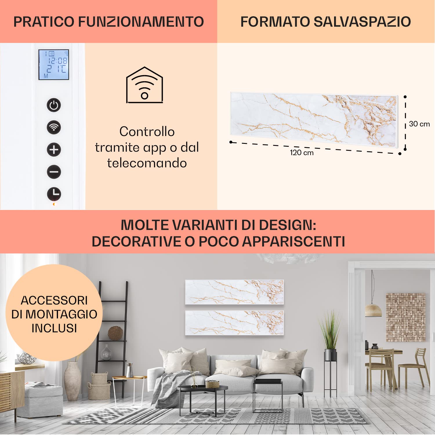 KLARSTEIN Wonderwall Air Art Smart - Pannello Radiante Infrarossi, Radiatore di Calore, 350 W, 7 m², App Control, Silenzioso, a Parete, 120 x 30 cm, Design: Marmo II