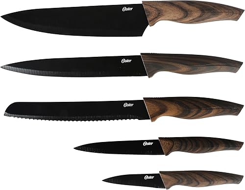 Oster Godfrey - Juego de cuchillos de cocina de 5 piezas con hoja negra y mango de aspecto de madera