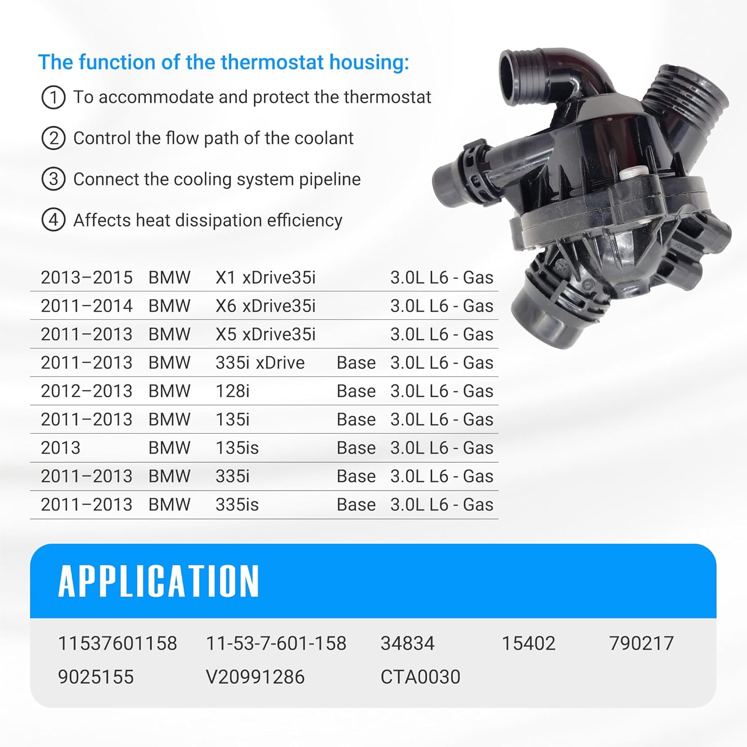 11537601158 Thermostat Housing Assembly for BMW X1 X5 X6 135i 335i 128i 135is 335is 2011-2015 3.0L L6