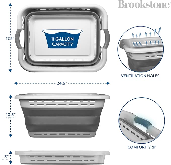 BROOKSTONE, 1 UNIT, 11 GALLONS - [OUR LARGEST BASKET EVER] 24" Collapsible Laundry Basket, Comfort Non-Slip Grip Handles, Minimalist Space Saving Design, Portable Pop-Up Hamper, [BPA FREE]