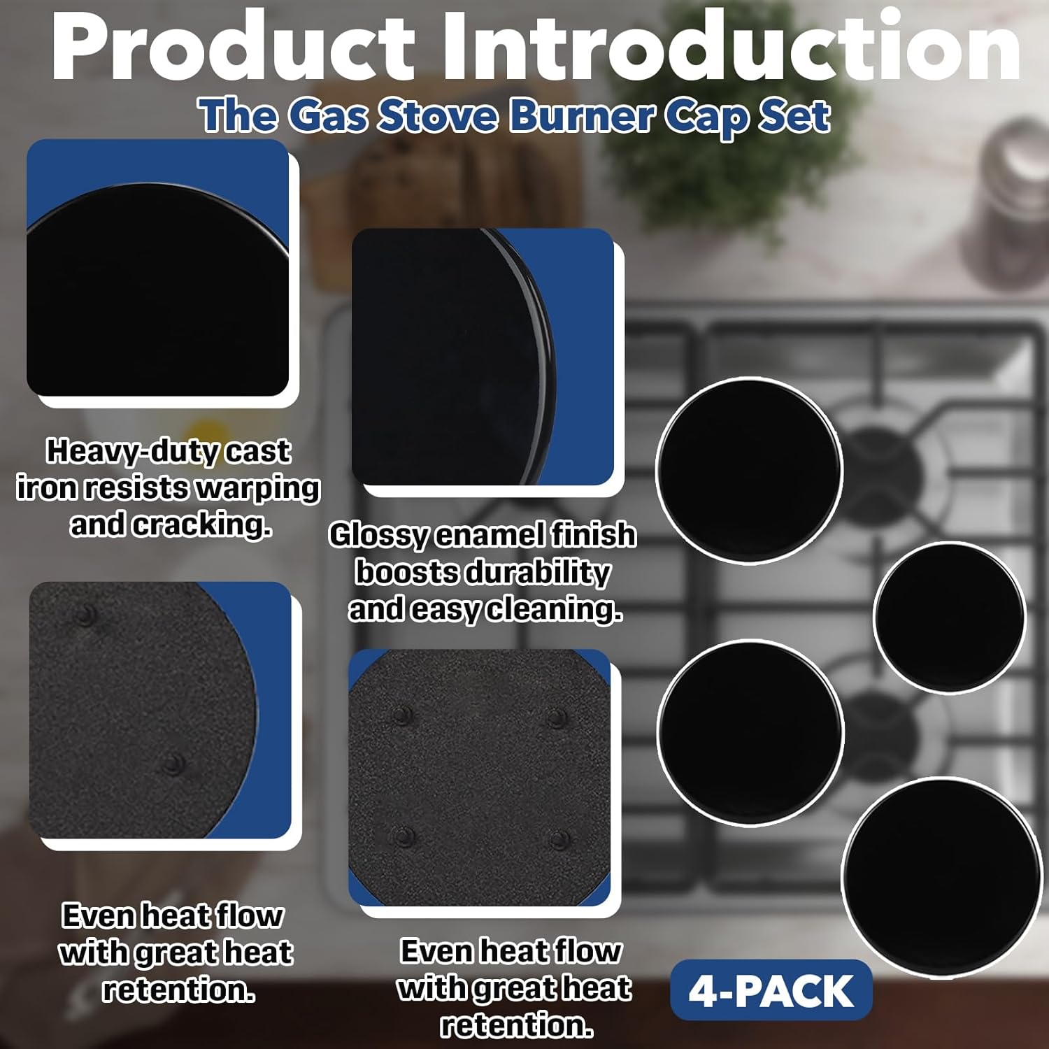 Surface Burner Cap Set Compatible with GE Gas Range/Stove/Oven (4-Pack) – Includes WB29K10009-1 (2.6"), WB29K10001-2 (3.2"), WB29K10006-1 (3.5") – Even Heat for Consistent Cooking
