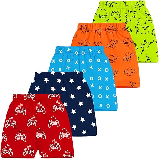 Kuchipoo Boys Cotton Printed Shorts | Elastic Waist | Summer Wear Shorts for Kids | Pack of 5