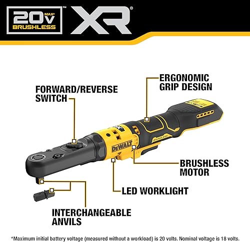 Miniatura 2 de DEWALT Trinquete inalámbrico MAX XR de 20 V, trinquete de cabeza sellada de 38 pulgadas y 12 pulgadas, solo herramienta desnuda (DCF510B)