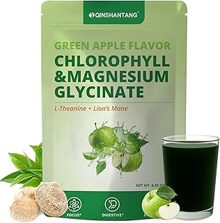 Magnesium Glycinate & Chlorophyll Powder with L-Theanine, Lion's Mane | Calm Sleep Support, Stress Relief & Detox | Superfood Juice Powder | Vegan, Non-GMO, Green Apple Flavor | 30 Servings