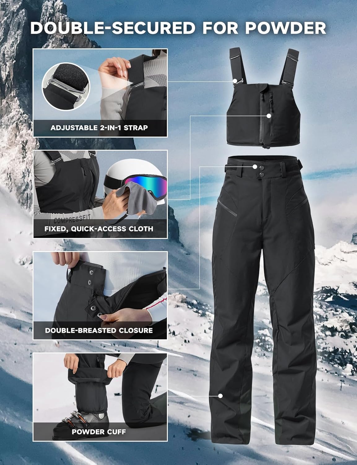 Moosehill Women's Snow Ski Bibs: Insulated Overalls Waterproof Convertible Pants for Snowboarding Winter Hiking Work Skiing