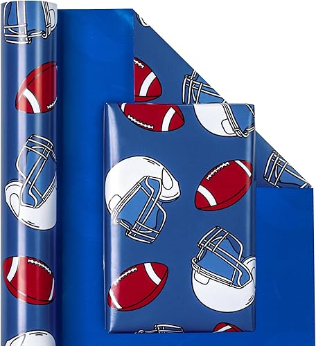 Miniatura 2 de WRAPAHOLIC Papel de regalo reversible, mini rollo, 17 pulgadas x 33 pies, diseño de rugby con diseño azul sólido para cumpleaños, vacaciones, baby