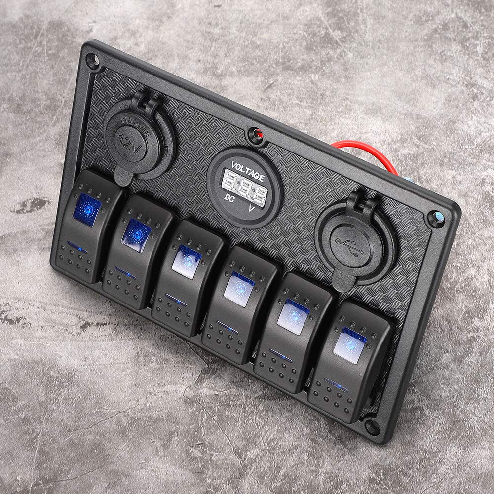 Panel przełączników kołyskowych 6-krotny wodoodporny, wstępnie okablowany z gniazdem zapalniczki 2 wyświetlacz woltomierza USB 12 V 24 V do samochodu ciężarówka łódź RV czarny ABS