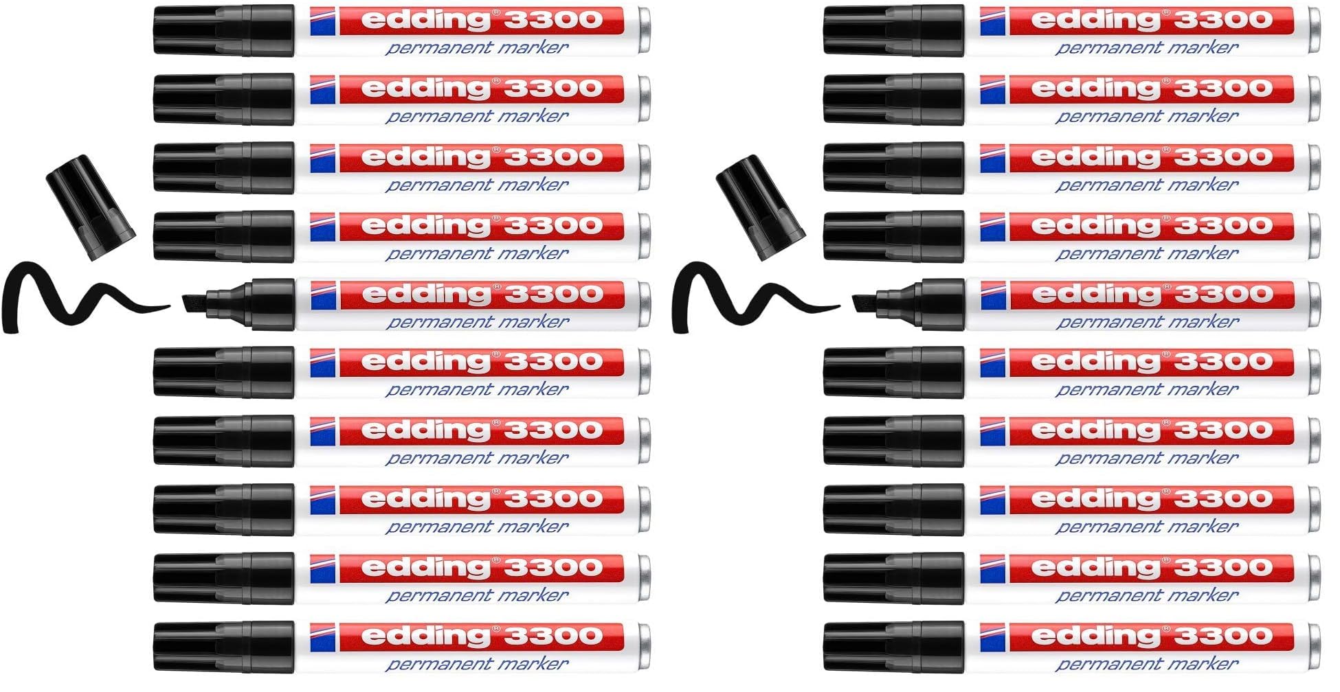 edding 3300 Permanentmarker - schwarz - 10 Stifte - Keil-Spitze 1-5 mm - schnell trocknender Permanent Marker - wasserfest, wischfest - für Karton, Kunststoff, Holz, Metall - Universalmarker
