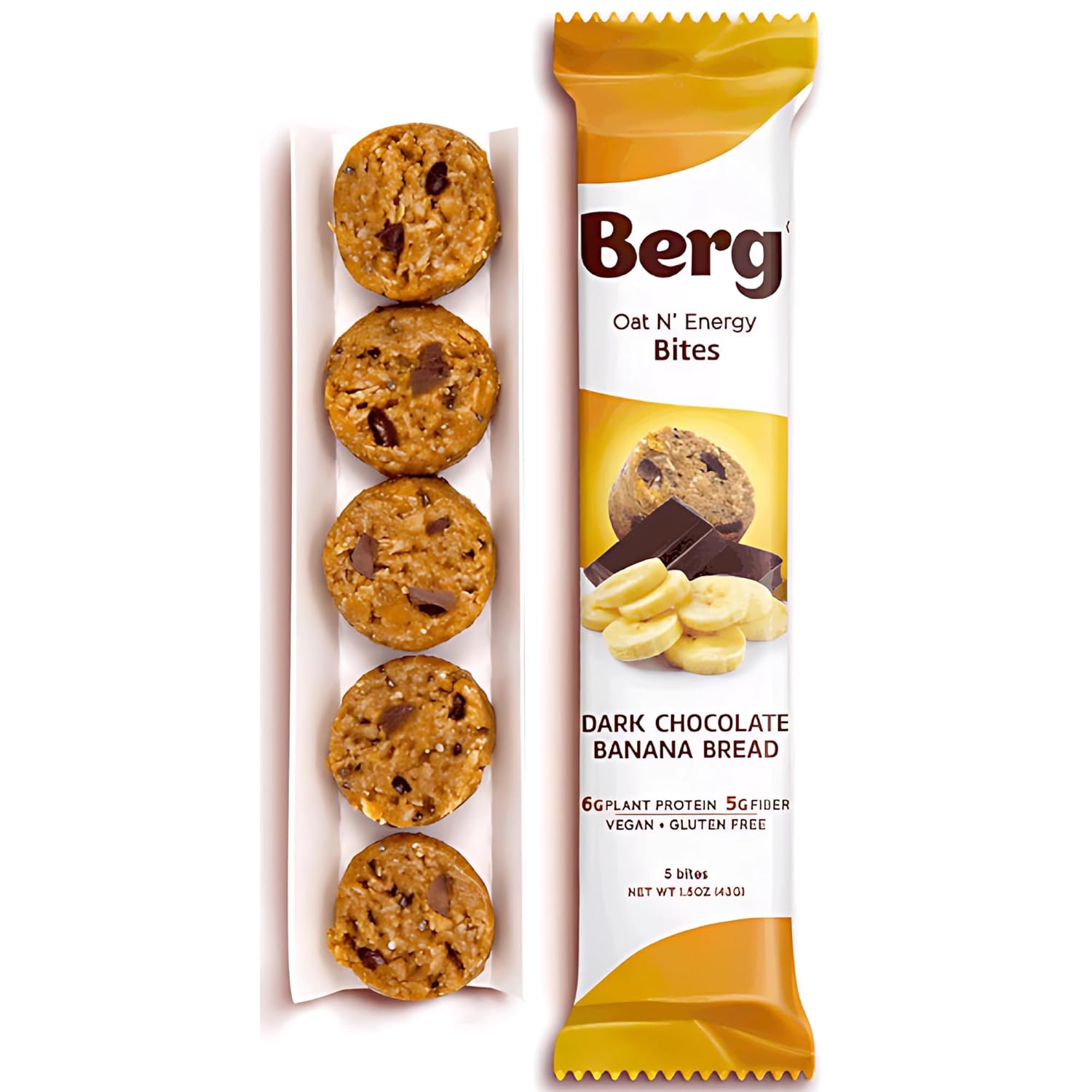 Berg Oat N' Energy Bites - Dark Chocolate Banana Bread - Non-GMO, Gluten Free, Dairy Free, Soy Free and Vegan - Clean Energy Snack - 1.5oz, (8 Pack)