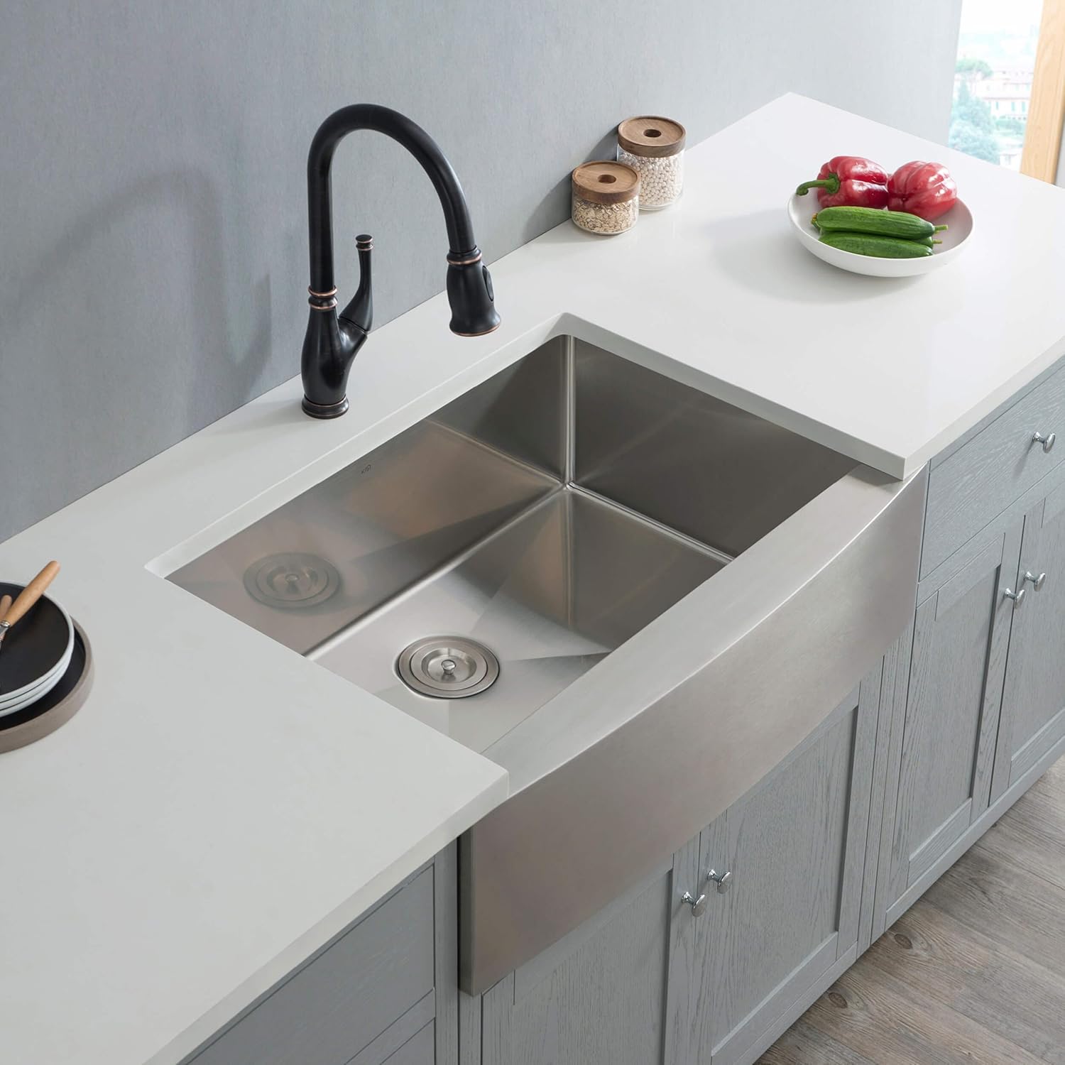 KIBI 33″ Single Bowl Farmhouse Kitchen Sink Stainless Steel | Apron-Front Workstation Sink with Deep 10″ Bowl, Bottom Grid & Basket Strainer Included | Durable Stainless Farm Sink