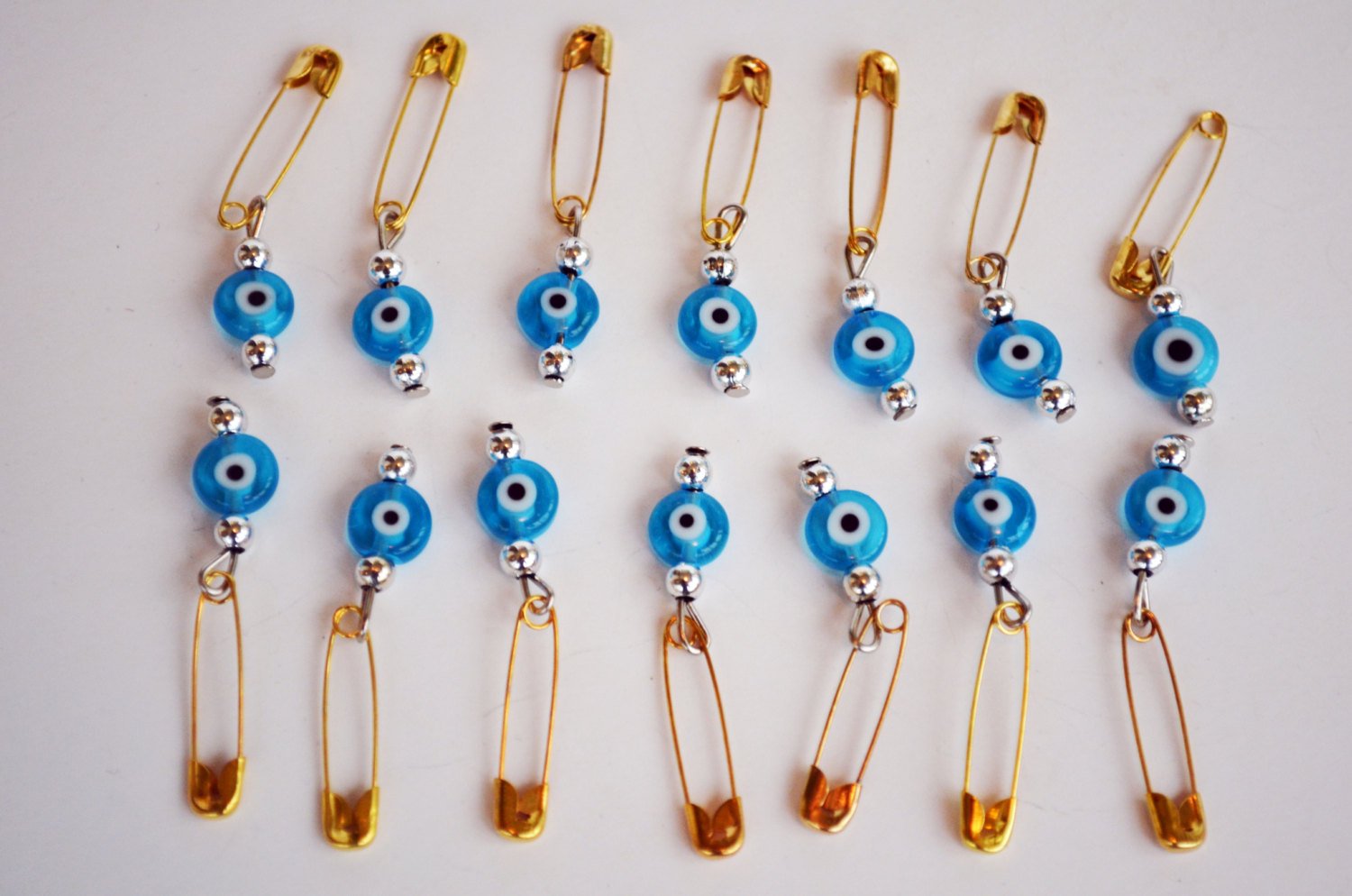 Turquoise Safety Pins with Turkish Evil Eye - Set of 100 Evil Eye Pins Wedding Invitation Packing Supplies