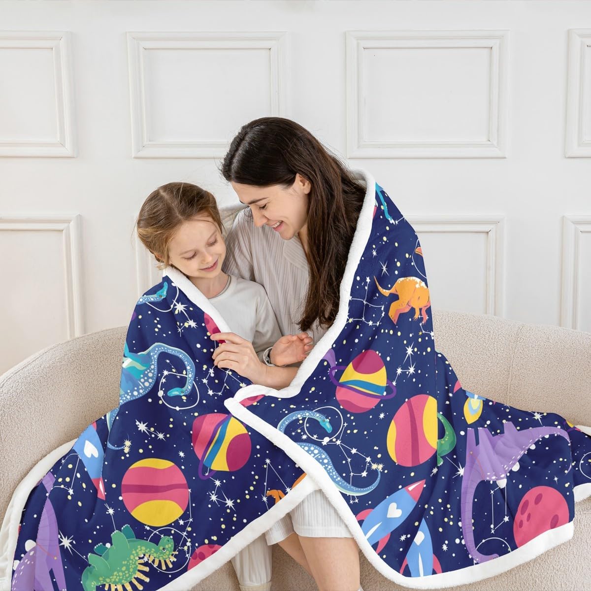 Castle Fairy Kids Cute Dino Plush Blanket,Cartoon Rocket Planets Stars Galaxy Bed Blanket Home Decor Gift,Colorful Dinosaur Animals Modern Style Fuzzy Blanket Office Chair, X Size (40 x 50 Inch)