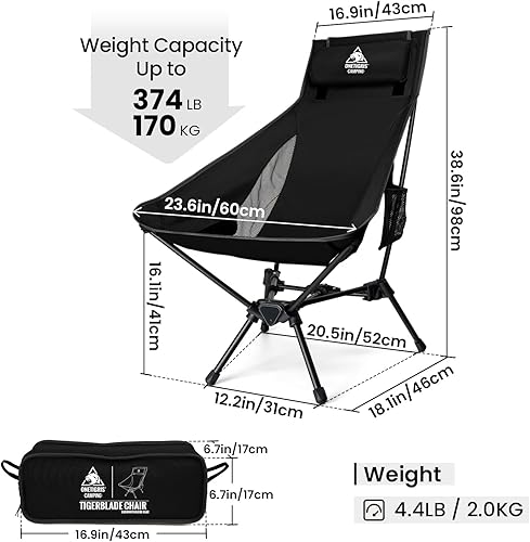 Miniatura 2 de ONETIGRIS Tigerblade - Silla de camping con respaldo alto y diseño de almohada, cómoda silla plegable