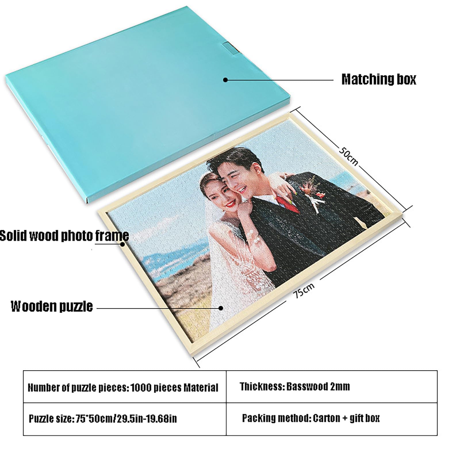 Rompecabezas de fotos personalizado de 1000 piezas de madera de tilo de 2 mm con marco de madera maciza con letras en la parte trasera para boda familiar, regalos únicos para papá, mamá, amigos y